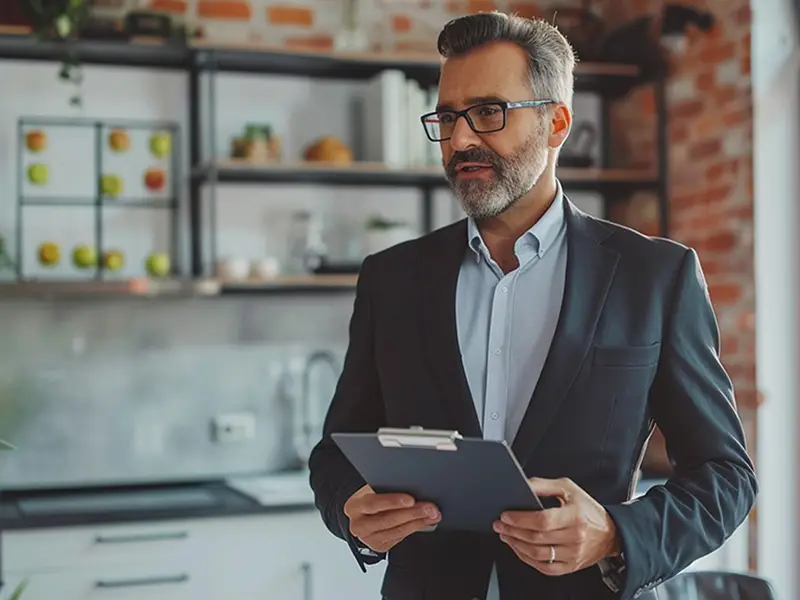 Ein Mann im Anzug steht in einer modernen Küche und hält ein Klemmbrett.