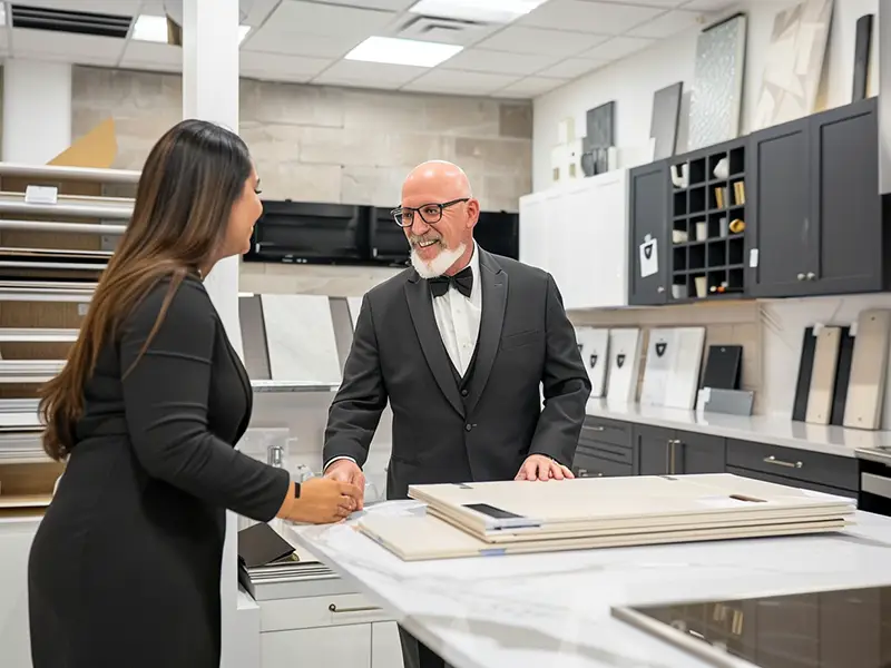 Ein Mann im Anzug und eine Frau im schwarzen Kleid unterhalten sich in einer Küchenausstellung.